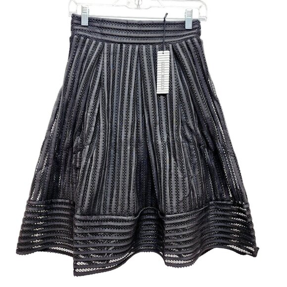 Haute Monde Womens Black Mesh A-Line Midi Skirt  Striped Lace Design Size S - Picture 9 of 10